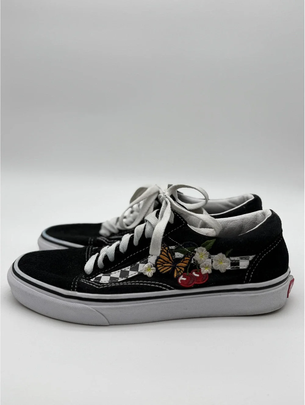 Vans Unisex Black Suede Checkerboard Sneakers with Cherry and Butterfly
